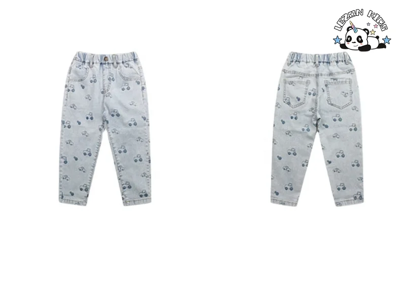 LEZONKIDS - Calças jeans personalizáveis para meninos com cintura elástica e abertura nos pés, estampa de desenho animado